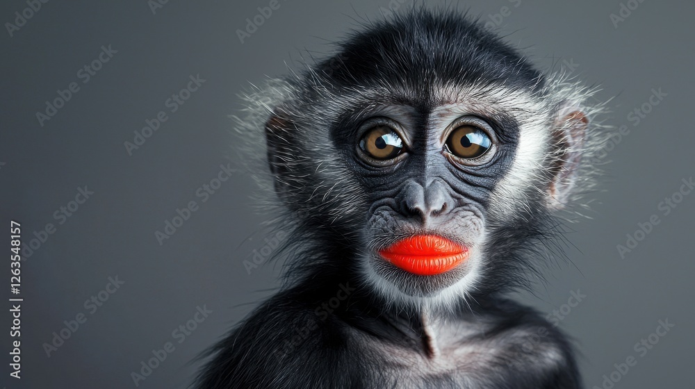 Obraz premium A monkey with striking red lipstick poses for a close-up shot. Its expressive eyes and distinct features capture attention in this creative studio environment