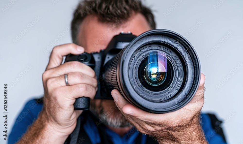 Male photographer capturing creative shots with professional camera lens focused on image quality and details in studio setting portrait