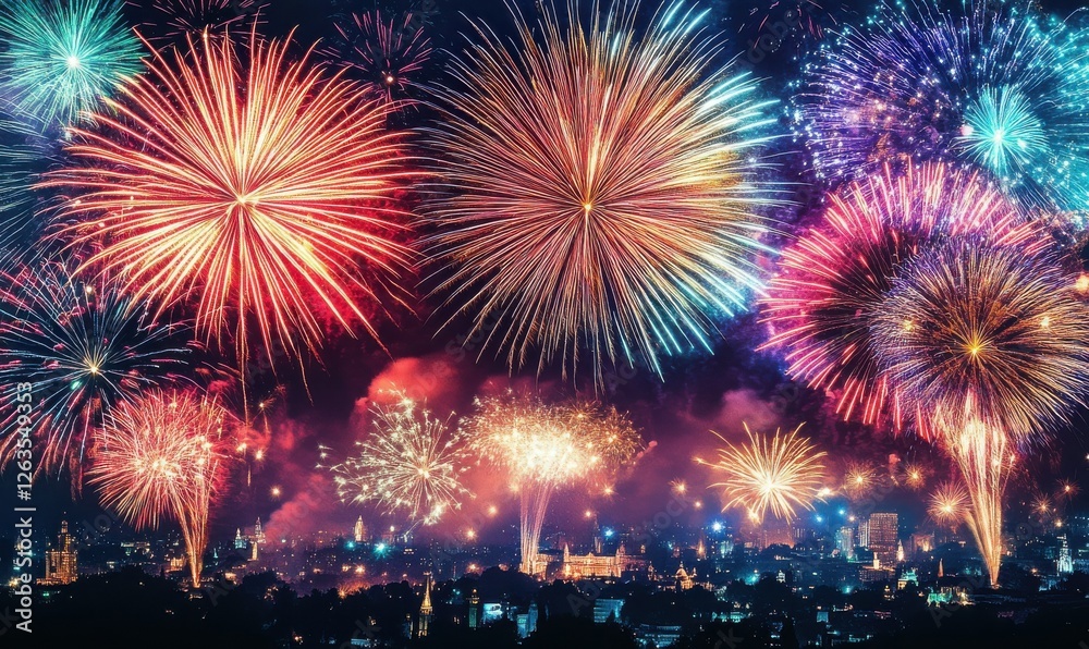 Dramatic fireworks display lighting up the night sky over a bustling cityscape, vibrant colors reflecting off the buildings below Dramatic fireworks display lighting up the night sky over a bustling cityscape, vibrant colors reflecting off the buildings below