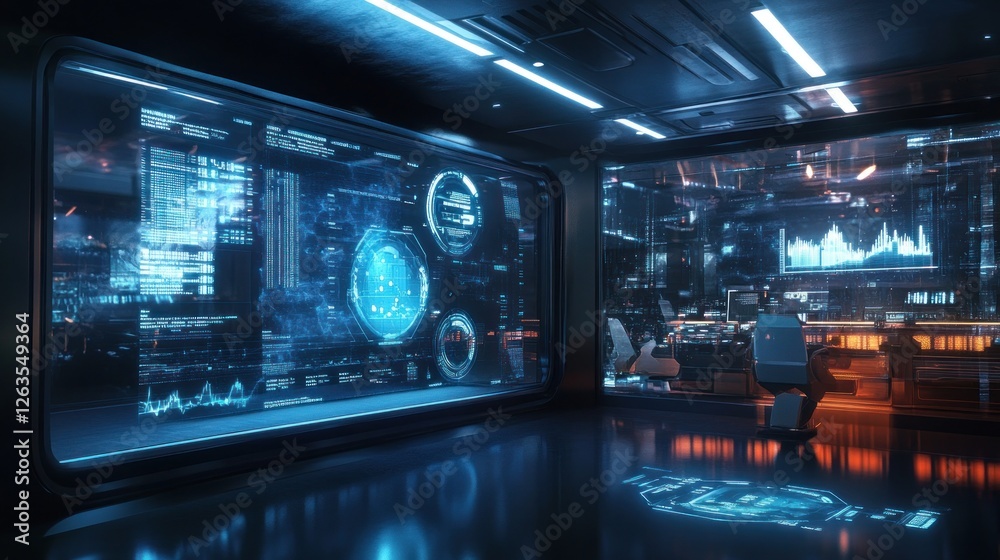 Naklejka premium Futuristic control room with holographic displays showing data and graphs.