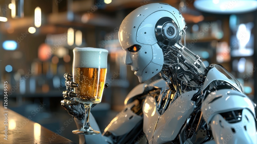 Fototapeta premium A sleek robot is sitting at a wooden bar, holding a glass of golden beer. The bar features contemporary decor and ambient lighting, creating a relaxed atmosphere