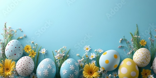 Colorful Easter eggs arranged with flowers on a vibrant blue background, celebrating spring photo