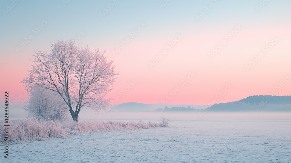 Winter Landscape with Frost-Covered Tree Against a Gradient Background (Winter, Nature, Beauty) Winter Landscape with Frost-Covered Tree Against a Gradient Background (Winter, Nature, Beauty)