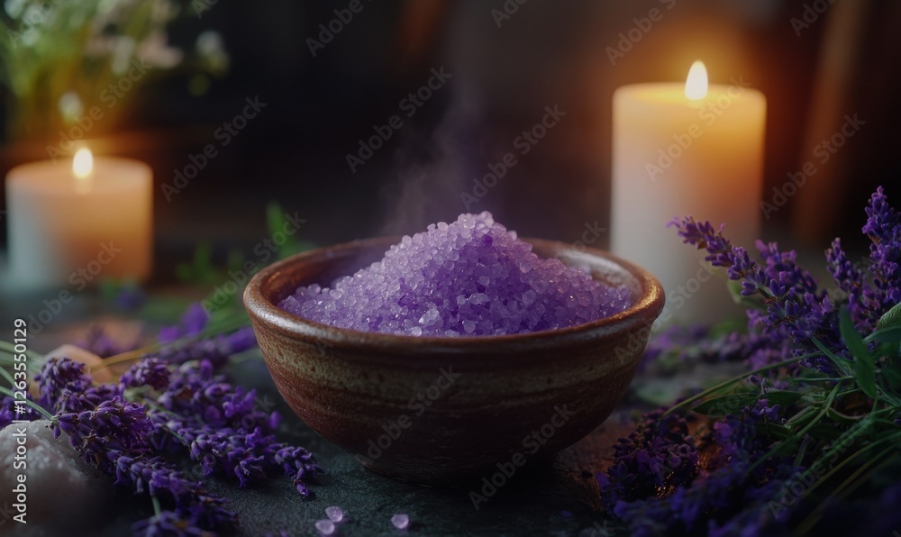 Lavender-infused bath salts in a ceramic bowl, surrounded by fresh sprigs and a calming candle, evoking relaxation. Lavender-infused bath salts in a ceramic bowl, surrounded by fresh sprigs and a calming candle, evoking relaxation.