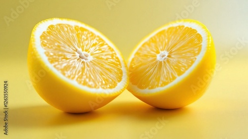 Two lemon halves on a monochrome yellow background, creating a vibrant and fresh visual. Perfect for food, citrus, vitamin C, summer, and creative design projects.