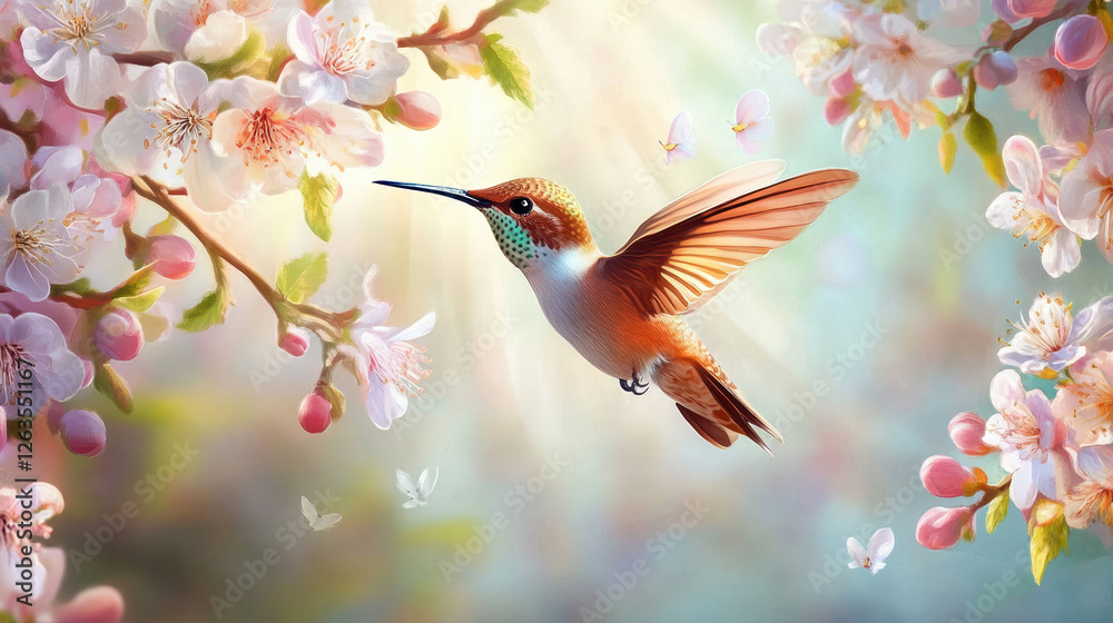Fototapeta premium vibrant hummingbird hovers gracefully among colorful blossoms, its delicate wings shimmering in soft sunlight. lush floral background and gentle butterflies create dreamy, serene atmosphere
