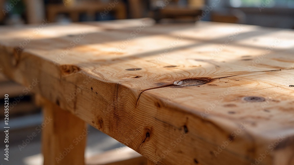 Solid wood table with natural light and rustic details. Perfect for cozy interiors, craftsmanship, organic design, and sustainable furniture themes. Solid wood table with natural light and rustic details. Perfect for cozy interiors, craftsmanship, organic design, and sustainable furniture themes.