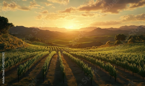 Wallpaper Mural Scenic vineyard stretching across rolling hills under a warm sunset, with rows of grapevines glowing in rich green and gold hues Torontodigital.ca