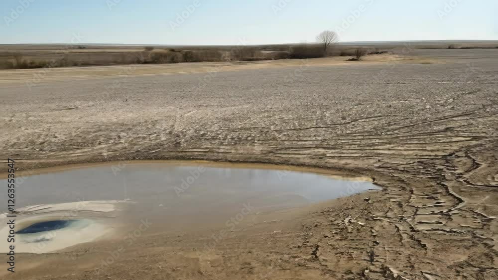 Camera pans across an empty reservoir, once a full body of water now reduced to a small puddle, surrounded by dry, cracked ground Camera pans across an empty reservoir, once a full body of water now reduced to a small puddle, surrounded by dry, cracked ground