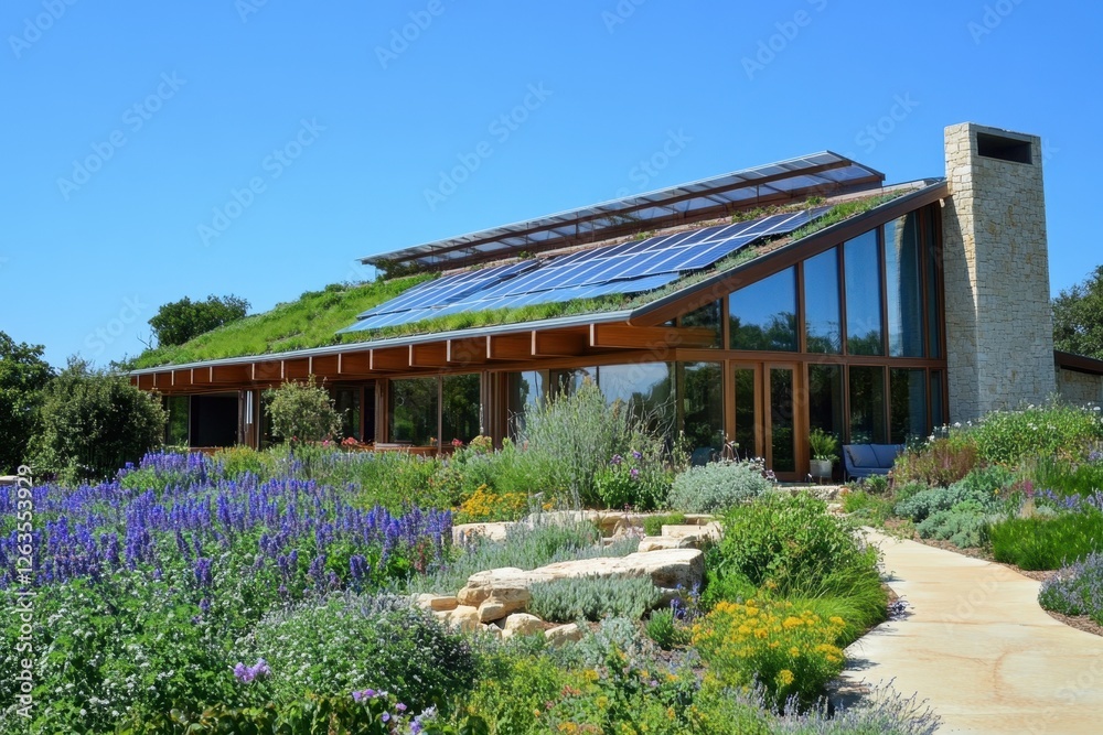 Modern sustainable house with solar panels surrounded by vibrant gardens on a sunny day Modern sustainable house with solar panels surrounded by vibrant gardens on a sunny day
