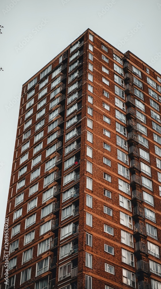 Fototapeta premium Brick apartment building, city, overcast sky, residential