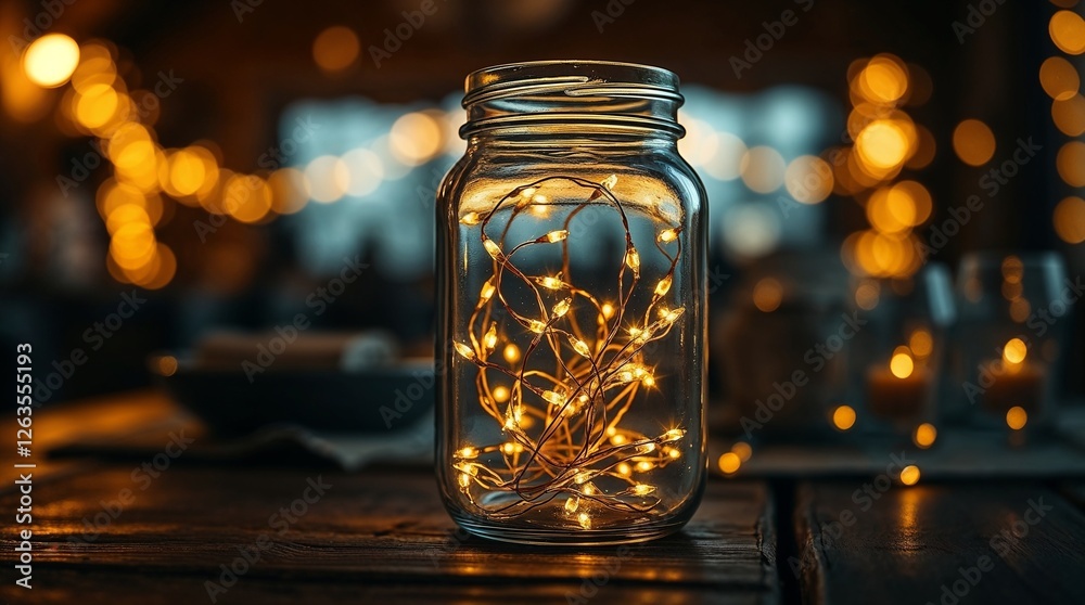 Fairy lights beautifully arranged in a jar, creating a warm and cozy ambience Fairy lights beautifully arranged in a jar, creating a warm and cozy ambience