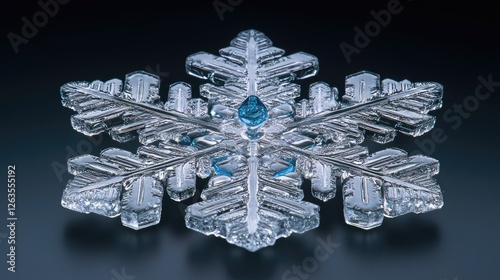 Detailed macro snowflake, ice crystal, intricate structure,  against dark background, detailed close-up image of a beautiful snowflake