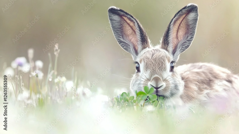   Close-up rabbit in grassy field with foreground flowers and blurry background