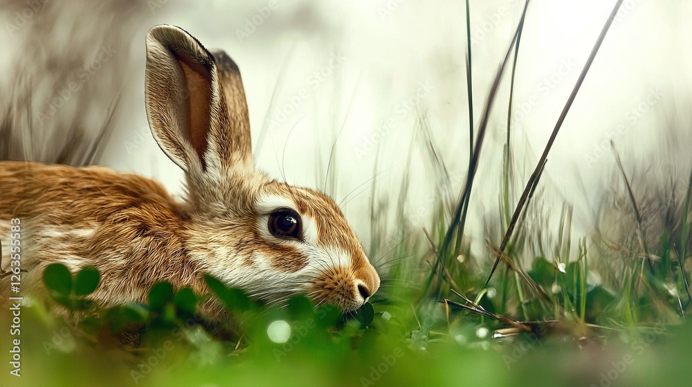 Φωτογραφία Close-up of a bunny rabbit in a field of grass, with grass in the foreground a