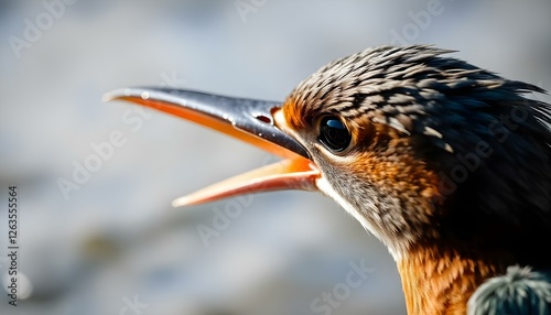 Kingfisher’s beak and eye in sharp focus, blurred river backdrop