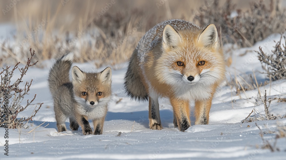 Naklejka premium Fox Family Winter Walk Prairie Snow