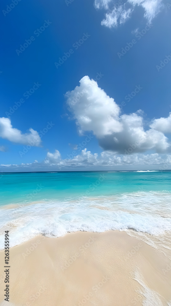 A serene beach scene with clear blue skies and turquoise waters,
A serene beach scene with clear blue skies and turquoise waters,