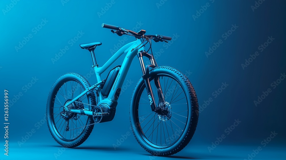 Modern electric mountain bike removed in a studio on a blue background. The bicycle looks stylish and technologically advanced, with bright details and powerful tires. Modern electric mountain bike removed in a studio on a blue background. The bicycle looks stylish and technologically advanced, with bright details and powerful tires.