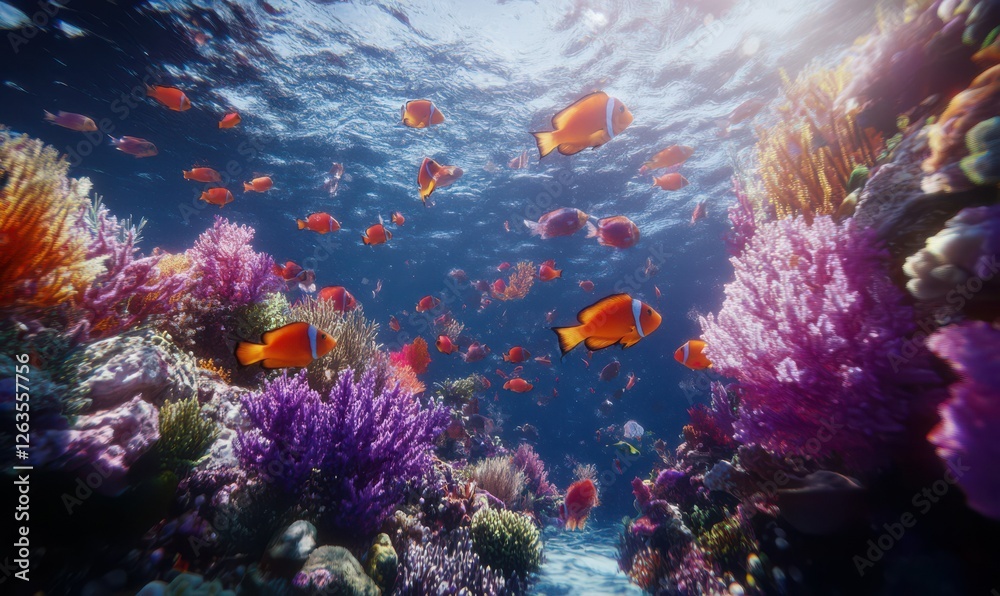 Fototapeta premium Vibrant coral reefs glowing underwater, schools of colorful fish swimming in the clear ocean depths.