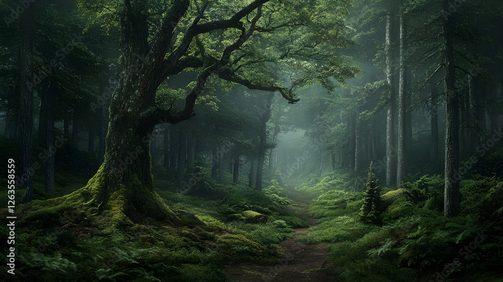 Obraz premium Enchanted Forest Path Concept: Mystical Woods - Lush Green Nature Scene, Evokes Tranquility, Fantasy & Serenity in Beautiful Woodland