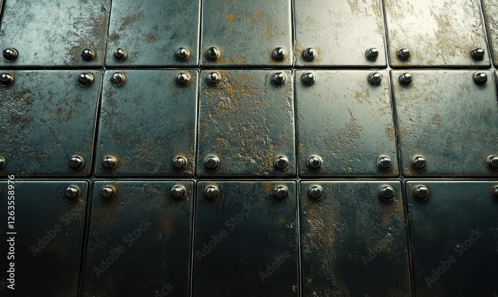 Fototapeta premium Shimmering metallic surface with intricate rivets and rust, highlighting industrial texture and depth