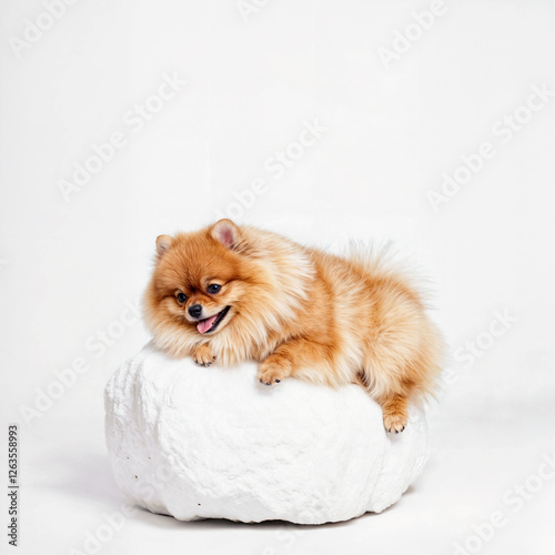 Fluffy Pomeranian Dog Relaxing on a White Rock with a Minimalist White Background