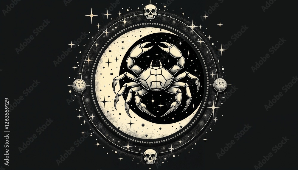 Obraz premium Mystical crab illustration within crescent moon with occult symbolism