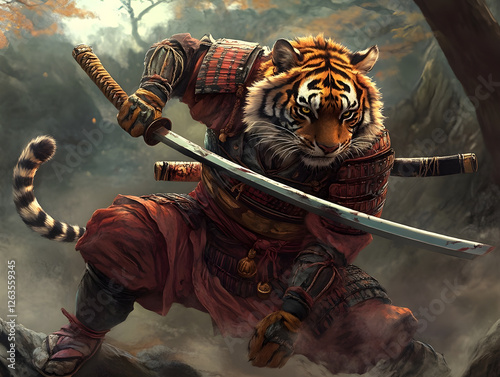 Tiger Samurai Warrior Concept: Powerful Anthropomorphic Figure in Ornate Armor Wielding Katana - Mythical Fantasy Digital Painting of Animal Strength & Ferocity, Character Design