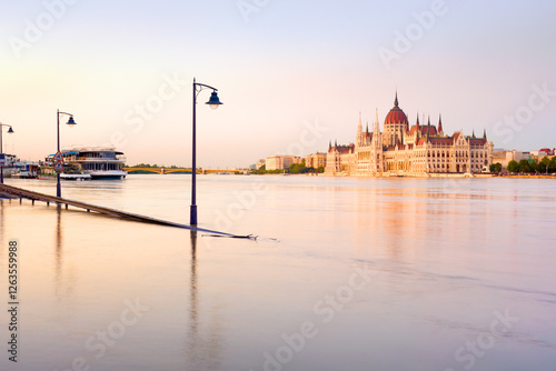 Hungarian parliament view from across the river during flood