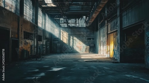 Sunbeams illuminate a derelict industrial building's graffiti-covered interior.
