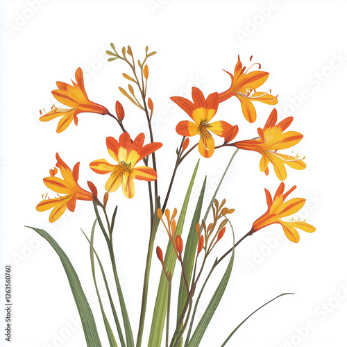 Crocosmia, also called montbretia, orange flowers isolated on white background. Macro photography.
