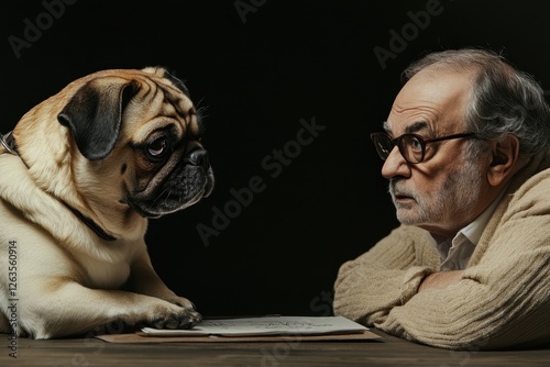 Man and pug engaged in a deep conversation over drawings in a dimly lit room during the evening hours photo