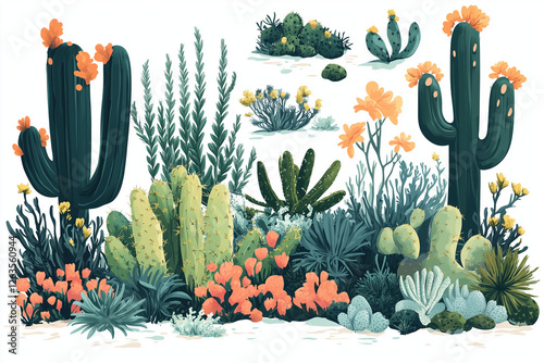 A Sprite Sheet of Colorful Painterly Shrubery and Cacti photo