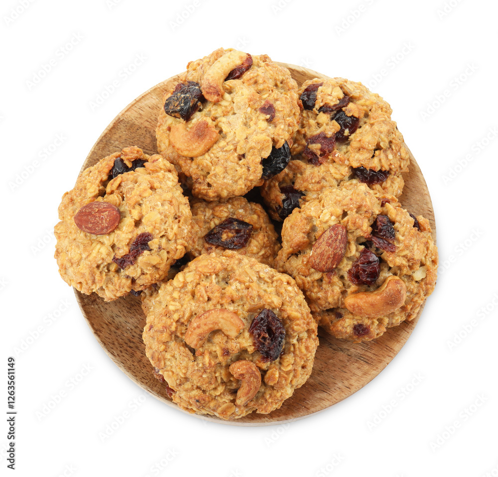 Delicious oatmeal cookies with dried cranberries and nuts isolated on white, top view Delicious oatmeal cookies with dried cranberries and nuts isolated on white, top view