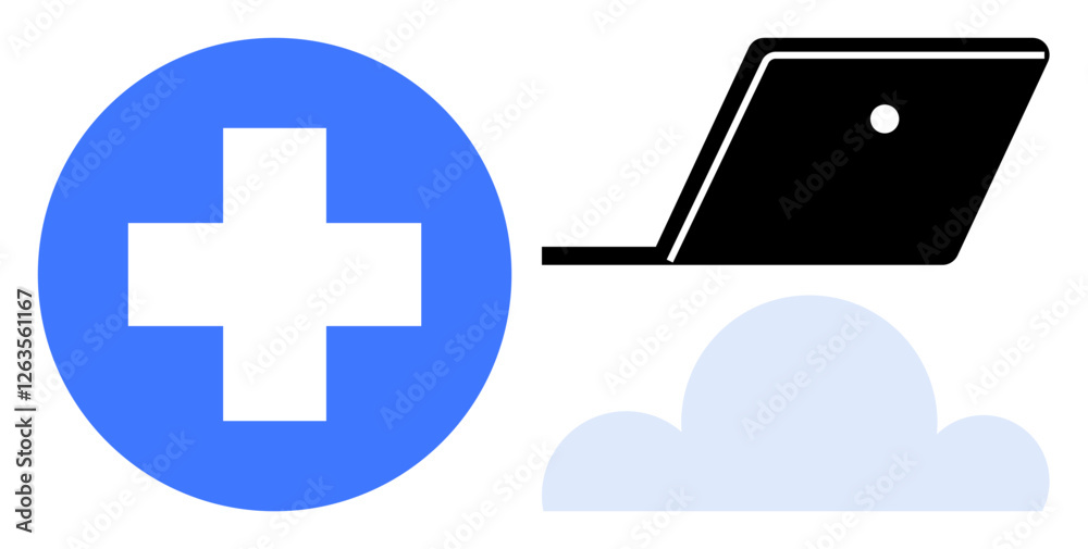 Blue medical cross, black laptop, light blue cloud. Ideal for digital healthcare, telemedicine, online consultations, cloud storage, mobile health apps tech innovation remote monitoring. Abstract Blue medical cross, black laptop, light blue cloud. Ideal for digital healthcare, telemedicine, online consultations, cloud storage, mobile health apps tech innovation remote monitoring. Abstract
