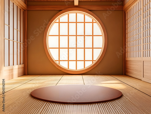 Tranquil Japanese Interior: Circle Window, Tatami Floor, Wooden Design, Natural Light - Concept of Serenity, Zen Home, Minimalist Living, Peace & Japanese Culture