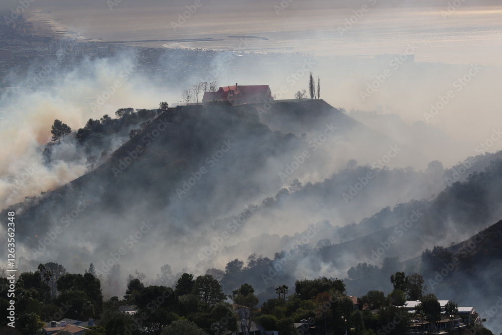 Fototapeta premium Palisades Wildfire Raging Through California’s Coastal Landscape – Thick Smoke and Scorched Terrain in Los Angeles Wildfire Disaste