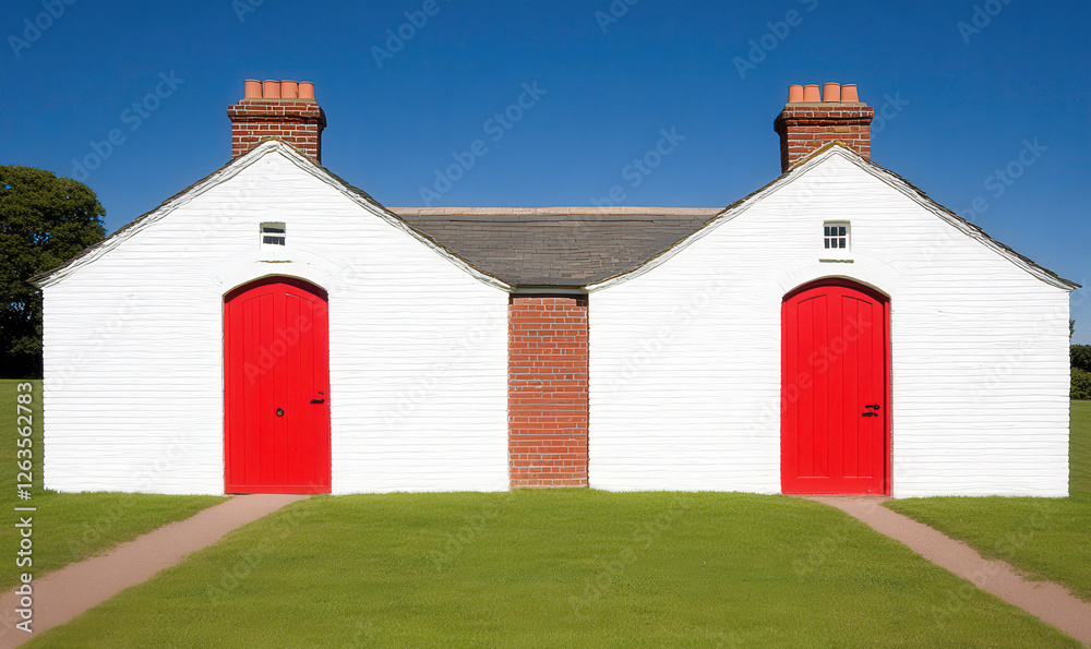 Fototapeta premium Charming Historic Buildings with Bright Red Doors Surrounded by Lush Green Grass Under a Clear Blue Sky Captivating Architectural Elements and Design