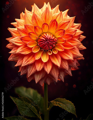 Orange dahlia in baroque illustration style against a dark  background