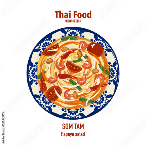 Set of vector banner illustrations with flat letters, delicious food, Thai food, papaya salad, top view, Thai food recipe, menu, restaurant, food design, banner, poster, and white background.
