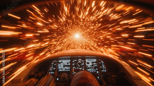 Cockpit view, jet flight, hyper speed, vast universe, futuristic background, pilot perspective, intense experience, space travel