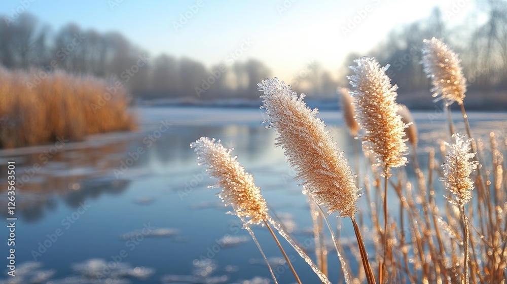 Fototapeta premium Frozen reeds by icy lake at dawn
