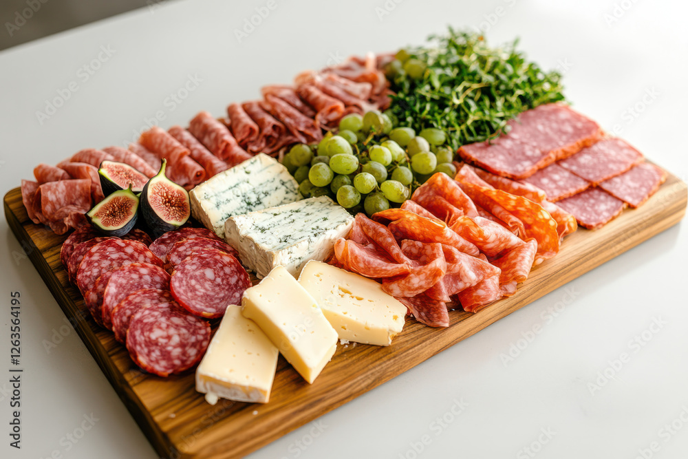 Charcuterie board featuring an array of meats, cheeses, and fresh fruits for an elegant gathering Charcuterie board featuring an array of meats, cheeses, and fresh fruits for an elegant gathering