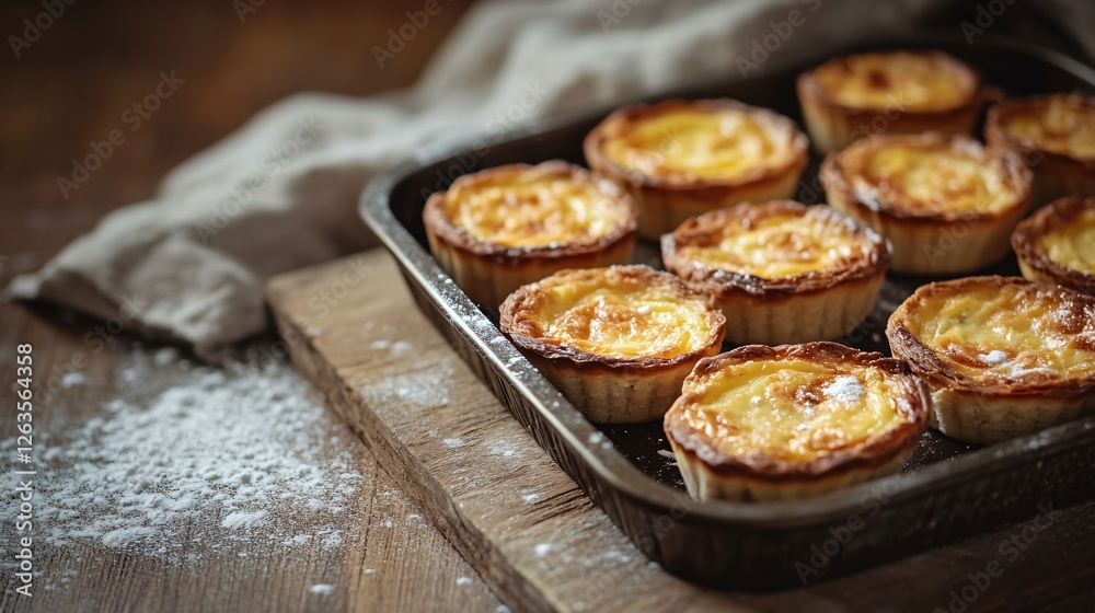 A nostalgic homestyle presentation featuring mini Easter quiches in a vintage baking tray, resting on a wooden surface with a sprinkling of flour A nostalgic homestyle presentation featuring mini Easter quiches in a vintage baking tray, resting on a wooden surface with a sprinkling of flour