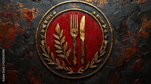 A sophisticated logo for a fine dining restaurant, incorporating an elegant fork and knife design inside a circular badge, with deep red and gold accents for a premium feel