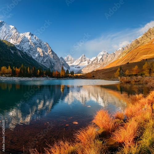Realistic image of colorfull autumn nature, small lake reflecting surounding mountains with snow on top