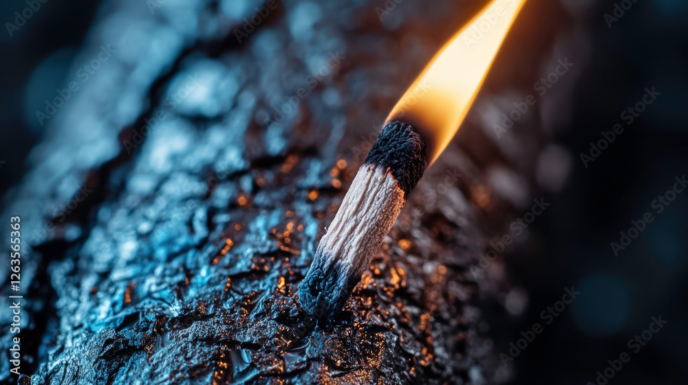 Close-Up of a Matchstick Burning on Charred Wood with a Dramatic Flame and Textured Background, Capturing the Dynamics of Fire and Nature Close-Up of a Matchstick Burning on Charred Wood with a Dramatic Flame and Textured Background, Capturing the Dynamics of Fire and Nature