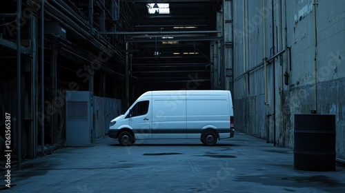 White van parked in a dark industrial alleyway.