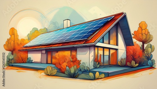 Unrealistic picture of house with photovoltaic panels on roof